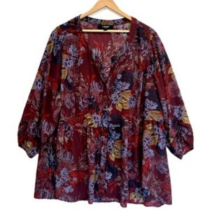 Chelsea & Theodore Dark Floral Babydoll Peasant Blouse Size 1X 22/24 1/2 Placket